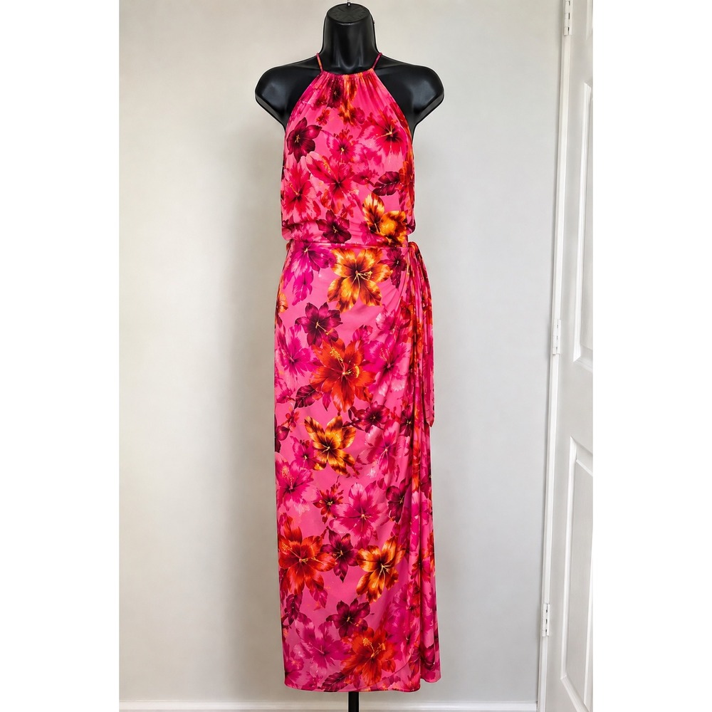 Spenser Jeremy Silk Halter Sarong Column Maxi Dress Pink Hibiscus Resort‎ Sz 10